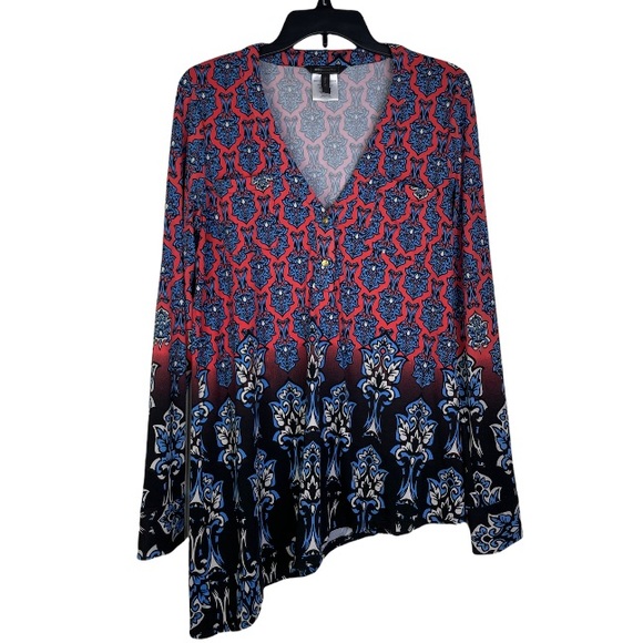 BCBGMaxAzria Tops - BCBGMaxAzria blouse mod calf/long sleeve size Large multi color print